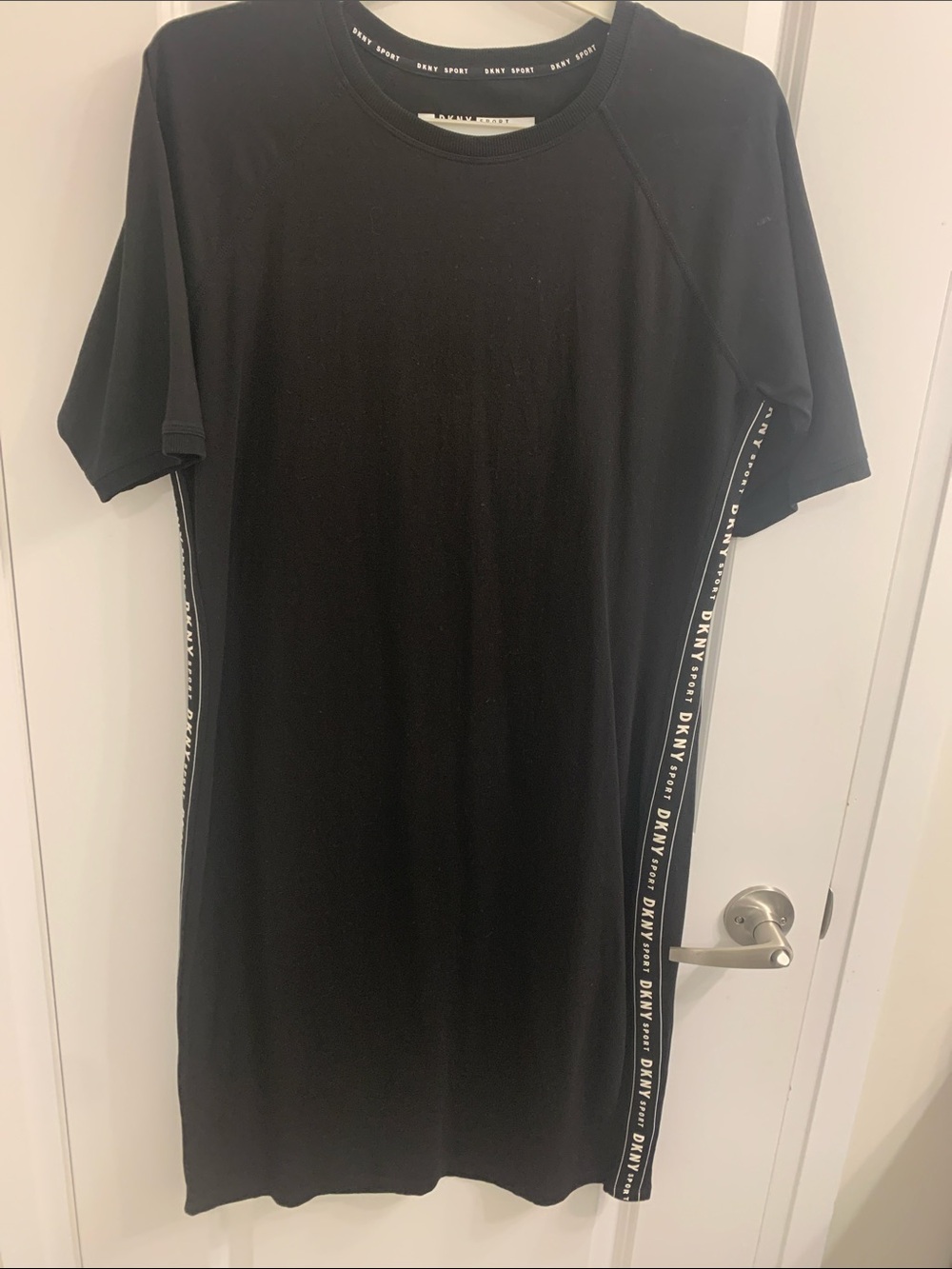 DKNY Black Short-Sleeve Midi Dress with Branded Side Tape